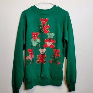 Vintage Christmas Sweatshirt Teddy Bear Applique Sz XL Green Handmade Upcycle